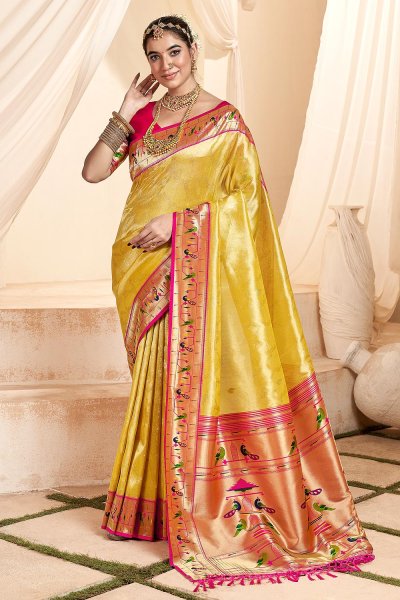 Yellow Tissue Silk Zari Weaved Saree With Paithani Border