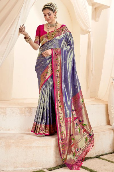 Purple & Pink Tissue Silk Zari Weaved Saree With Paithani Border