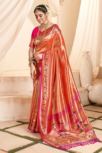 Coral & Pink Tissue Silk Zari Weaved Saree With Paithani Border