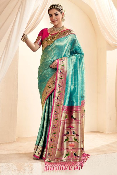 Turquoise & Pink Tissue Silk Zari Weaved Saree With Paithani Border