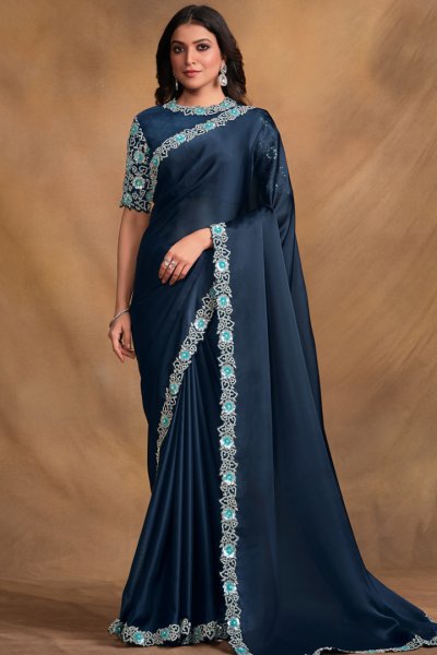 Navy Blue Satin Silk Georgette Embroidered Saree