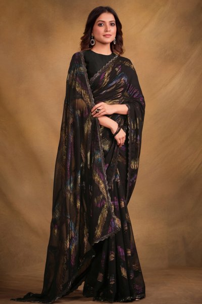 Black & Multicolor Zari Jacquard Printed & Embroidered Saree