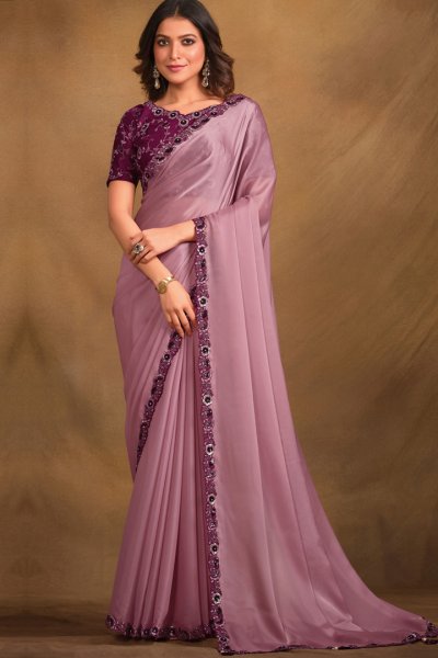 Lilac Satin Silk Embroidered Saree