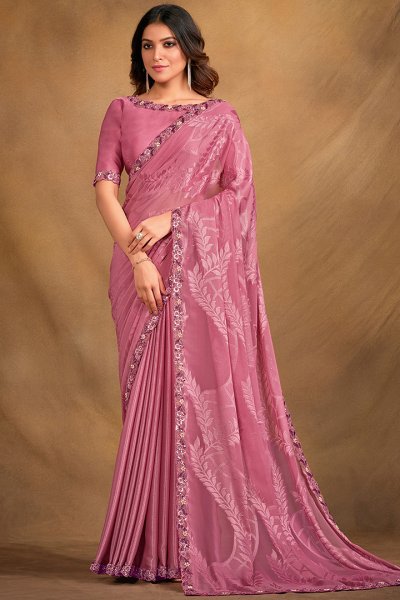 Blush Pink Jacquard Georgette Embroidered Saree
