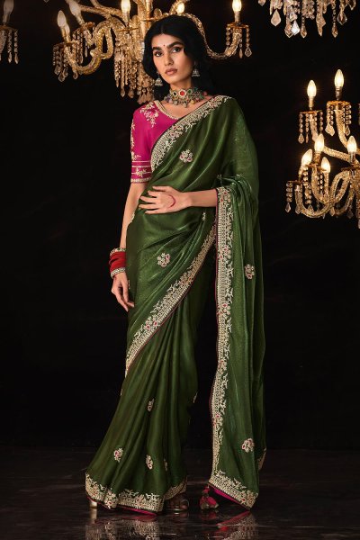 Dark Green Silk Embroidered Saree