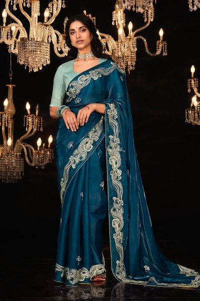 Prussian Blue Silk Embroidered Saree