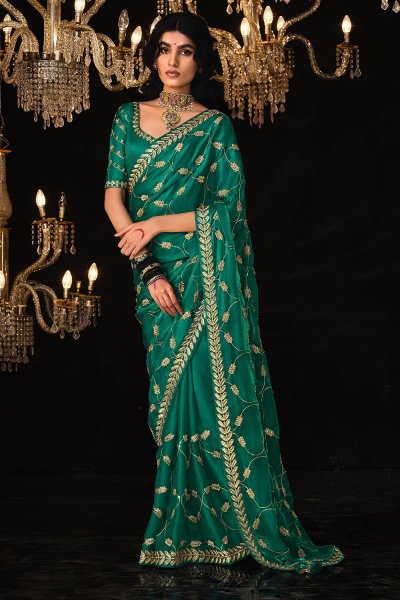 Teal Green Silk Embroidered Saree