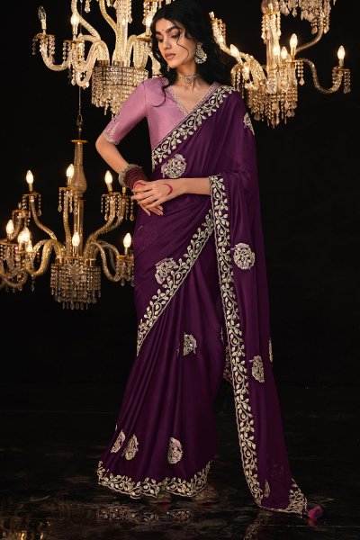 Plum Purple Silk Embroidered Saree