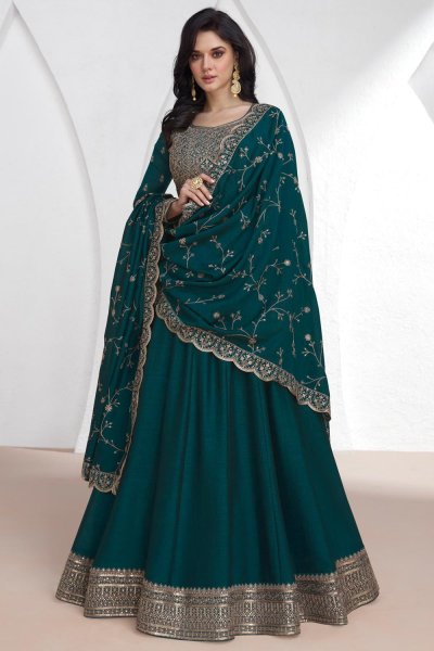 Teal Silk Embroidered Anarkali With Dupatta