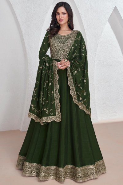 Forest Green Silk Embroidered Anarkali With Dupatta