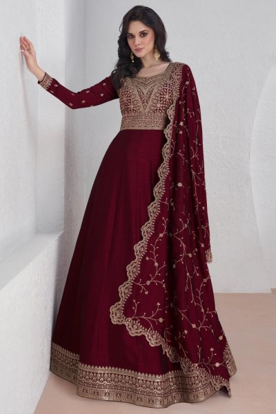 Cherry Red Silk Embroidered Anarkali With Dupatta