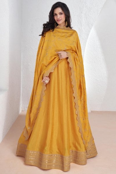 Yellow Silk Embroidered Anarkali With Dupatta