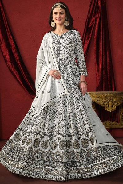 White & Black Georgette Embroidered Anarkali Suit
