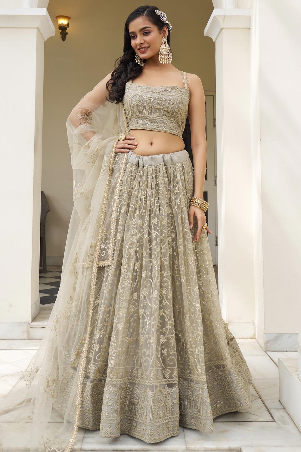 Ivory Floral Motif Net Lehenga