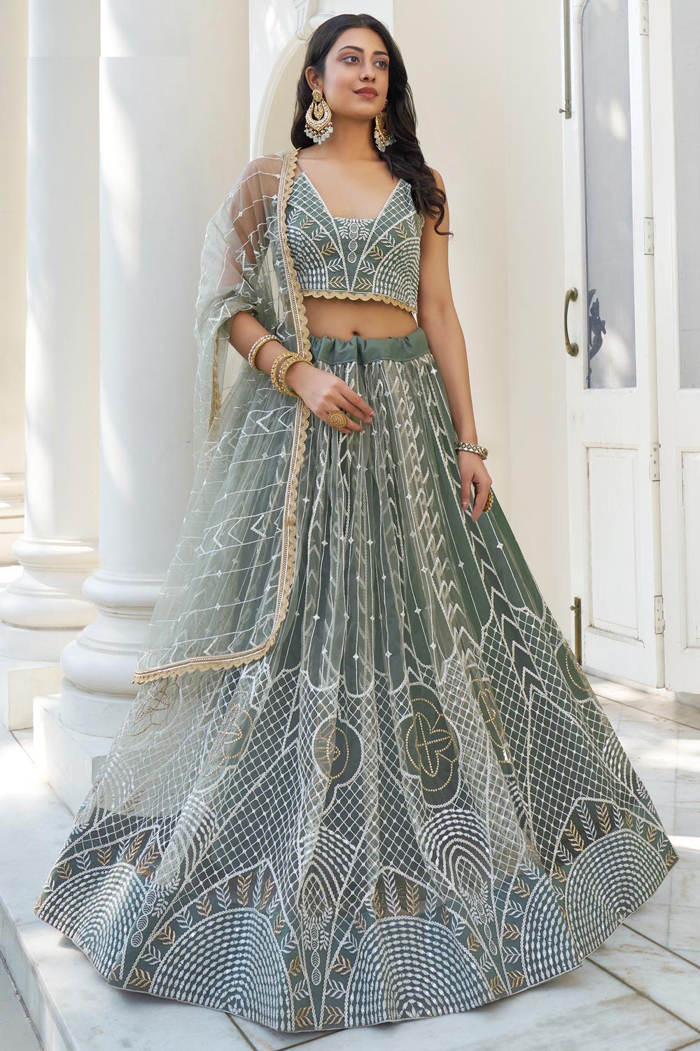 Serene Sage Light Green Net Lehenga Choli Ensemble - Clearance main image 1