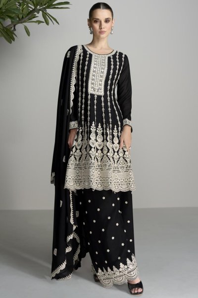 Black & White Chinon Silk Embroidered Sharara Kurta Set