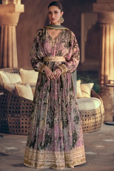 Purple Multi- Coloured Georgette Printed & Embroidered Anarkali Dress With Dupatta & Belt