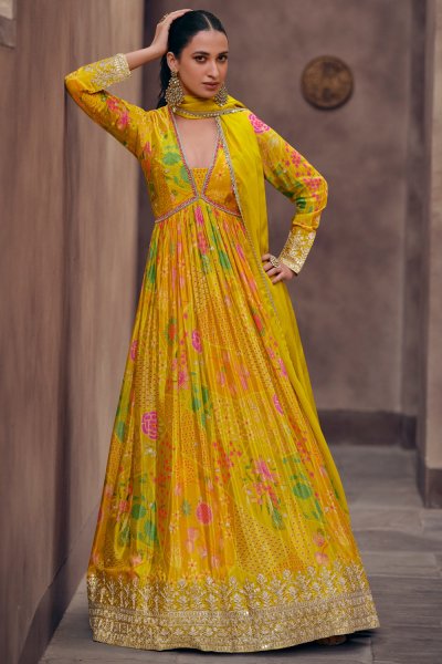 Yellow  Georgette Printed & Embroidered Anarkali Dress With Dupatta