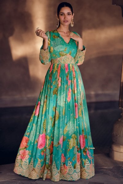 Aqua Green Georgette Printed & Embroidered Anarkali Dress With Dupatta 