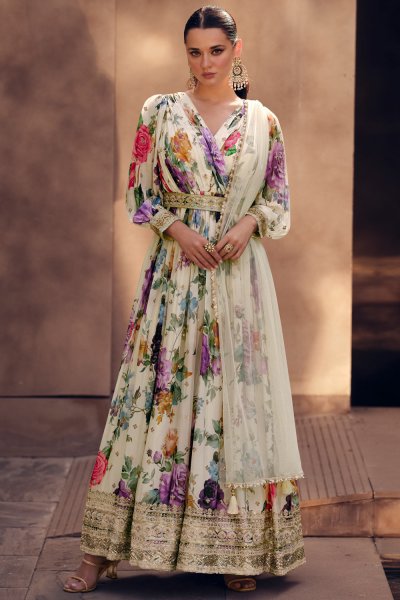 Ivory & Multicolor Georgette Printed & Embroidered Anarkali Dress With Dupatta & Belt