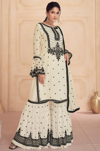Ivory & Black Georgette Embroidered Sharara Kurta Set