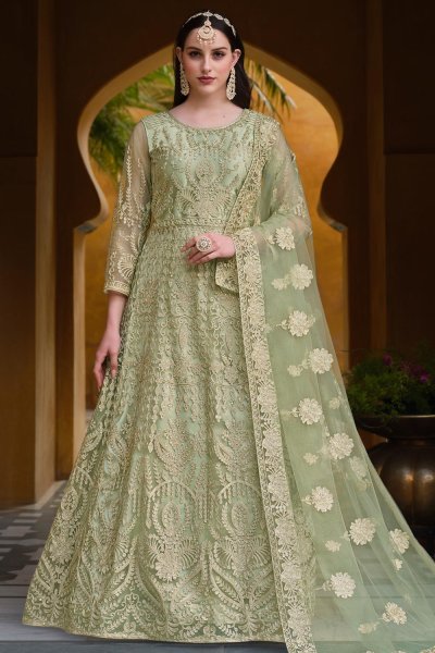 Sage Green Net Embroidered Anarkali Dress
