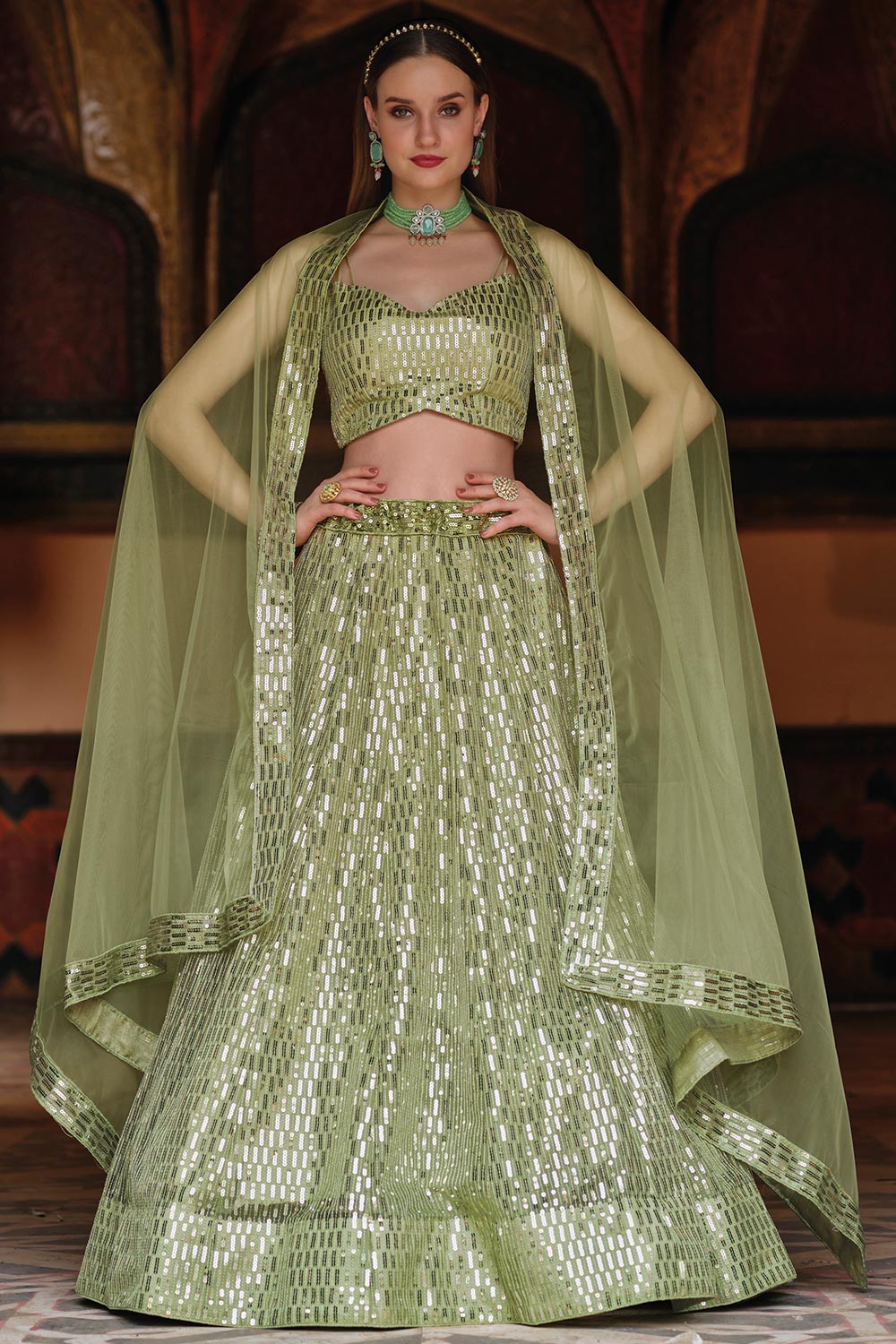Almora Green Net Lehenga Set