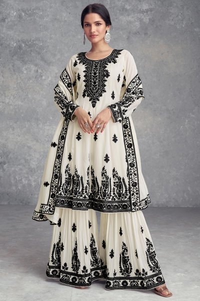 White & Black Chinon Silk Embroidered Sharara Kurta Set