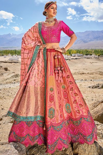 Coral & Pink Jacquard Banarasi Silk Embroidered Lehenga Set