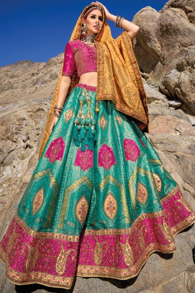 Teal & Pink Jacquard Banarasi Silk Embroidered Lehenga Set