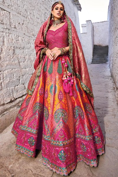 Magenta Pink & Multicolor Jacquard Banarasi Silk Embroidered Lehenga Set