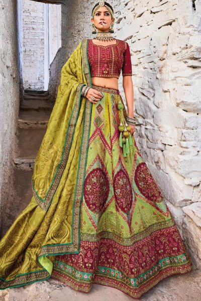 Lime Yellow & Maroon Jacquard Banarasi Silk Embroidered Lehenga Set
