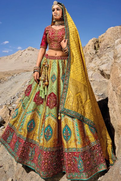 Multicolor Jacquard Banarasi Silk Embroidered Lehenga Set