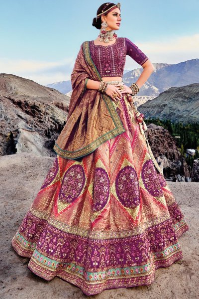 Plum & Multicolor Jacquard Banarasi Silk Embroidered Lehenga Set