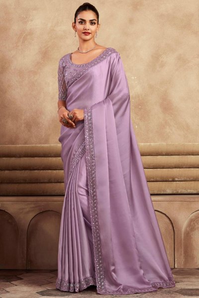 Lilac Satin Silk Hand Embroidered Bordered Saree Lilac Satin Silk Hand Embroidered Bordered Saree