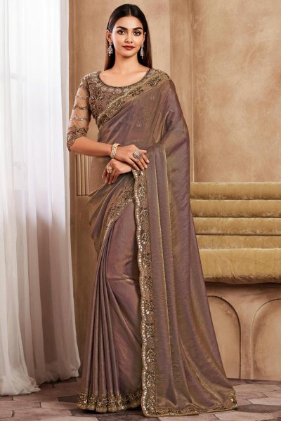 Brown Gold Silk Hand Embroidered Bordered Saree
