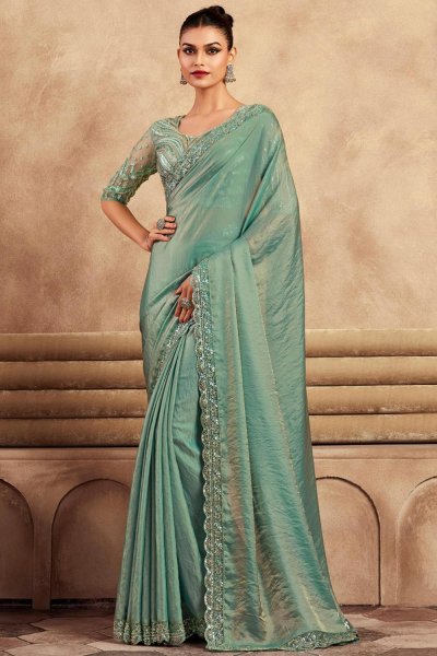 Mint Green Silk Hand Embroidered Bordered Saree Mint Green Silk Hand Embroidered Bordered Saree