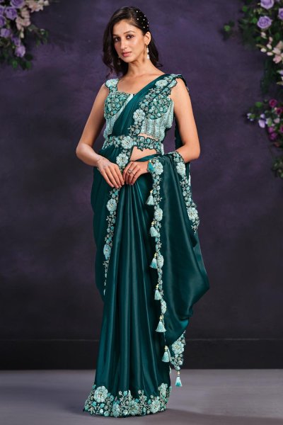 Pre-Draped Teal Green Crepe Satin Silk Embroidered Designer Saree With Belt