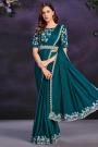 Pre-Draped Teal  Crepe Satin Silk Embroidered Designer Saree With Belt
