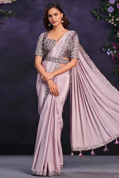 Pre-Draped Lilac Crepe Georgette Embroidered Designer Saree With Belt Pre-Draped Lilac Crepe Georgette Embroidered Designer Saree With Belt