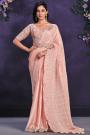 Pre-Draped Peach Crepe Satin Silk Embroidered Designer Saree With Belt