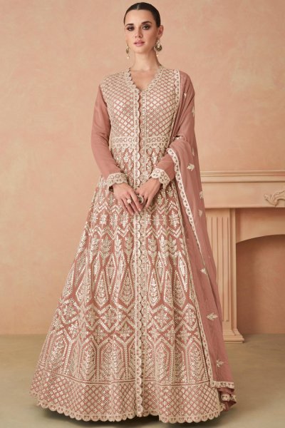 Women Beige Floral Pocket Anarkali Skirt