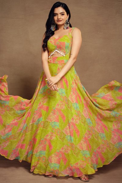 Lime Green & Multicolor Georgette Printed Dress
