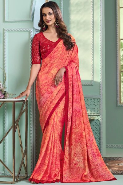 Coral Chiffon Embroidered Bordered Saree Coral Chiffon Embroidered Bordered Saree