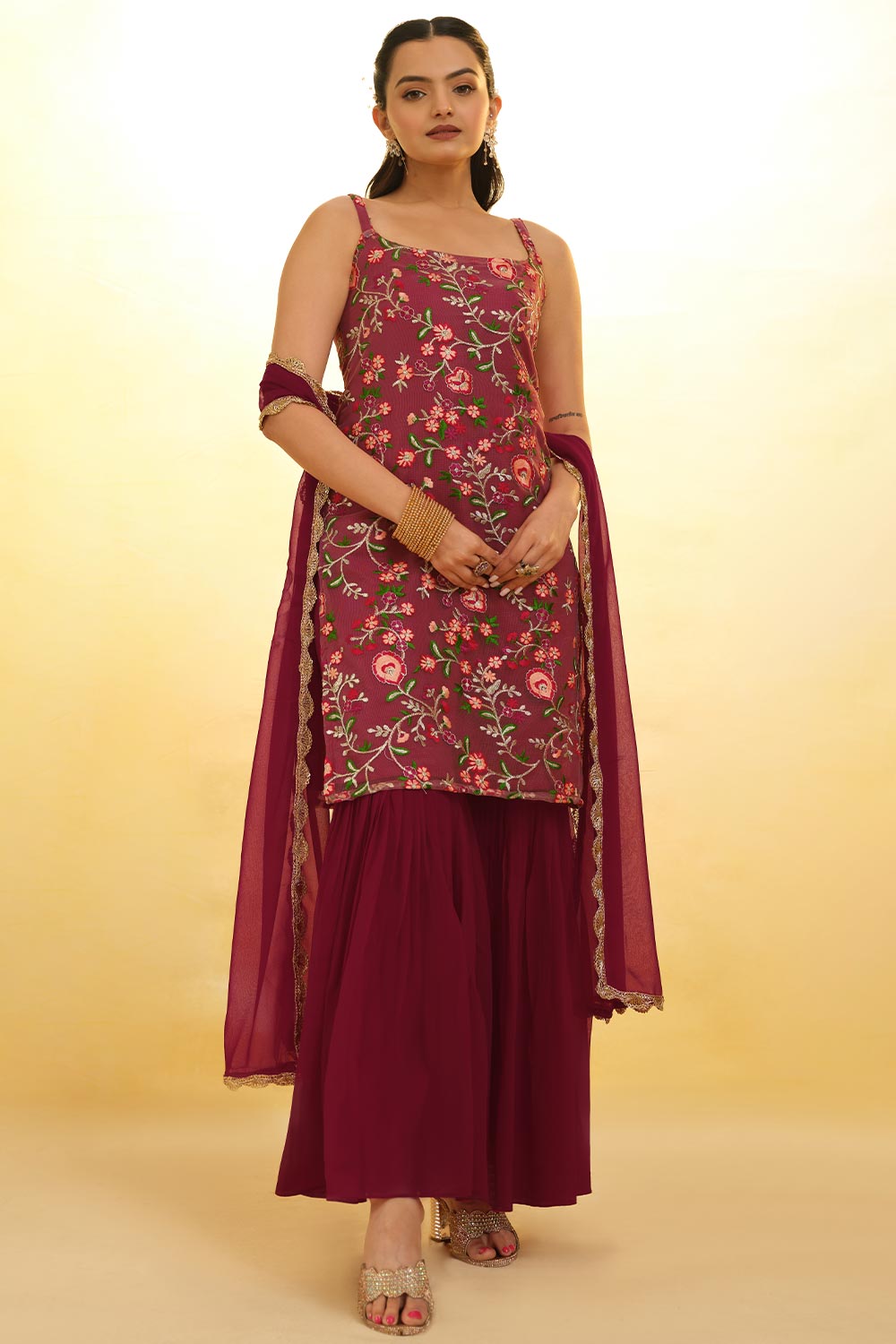 Red Embroidered Silk Blend Sharara Suit Set With Dupatta