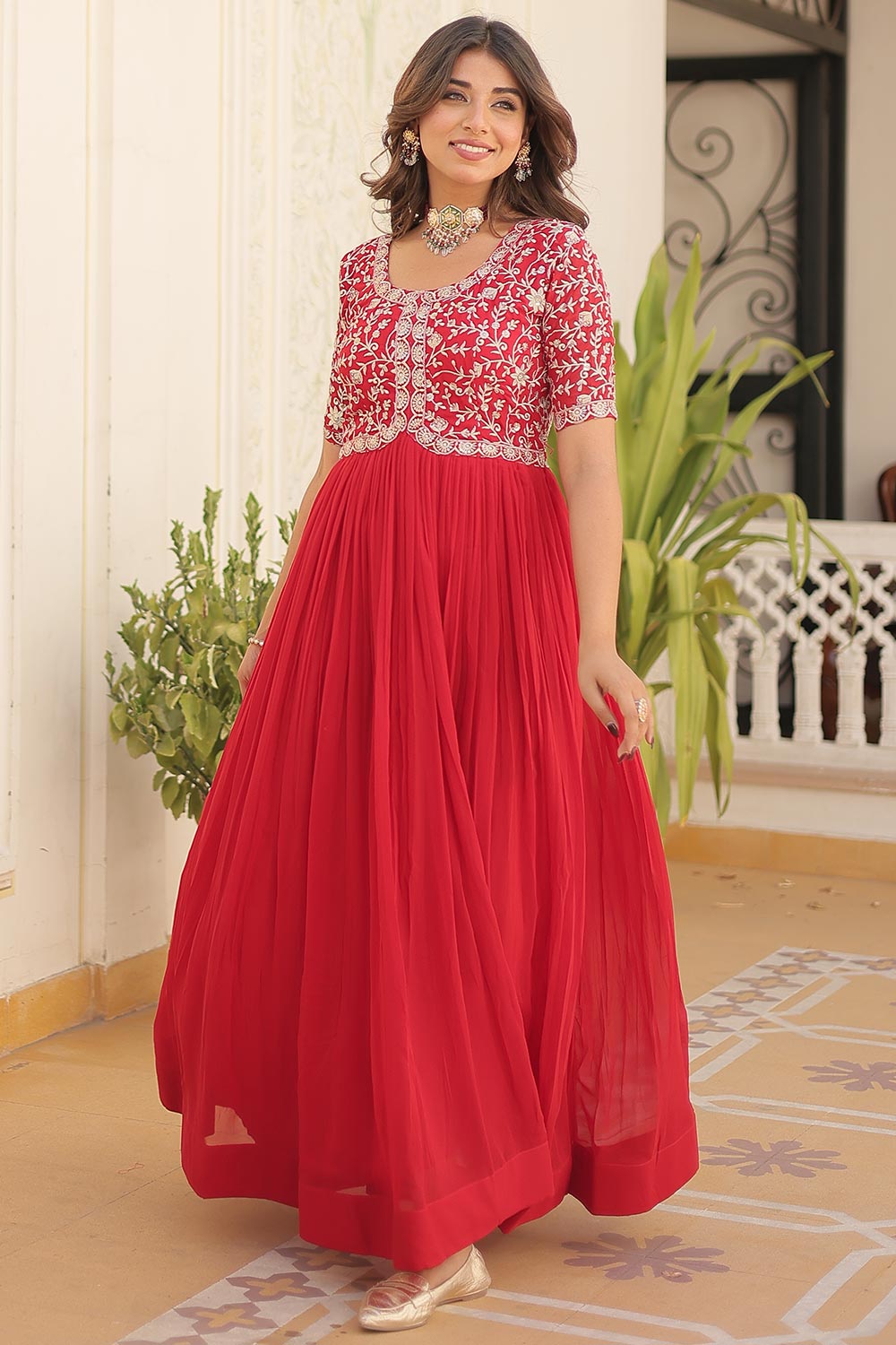Beige Georgette Designer Readymade Anarkali Dress With Printed Embroidery Work main image 1