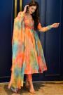 Multicolor Printed Organza Silk Anarkali Suit With Belt