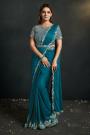 Pre-draped Prussian Blue Satin Silk Crepe Embroidered Saree With Belt & Cape