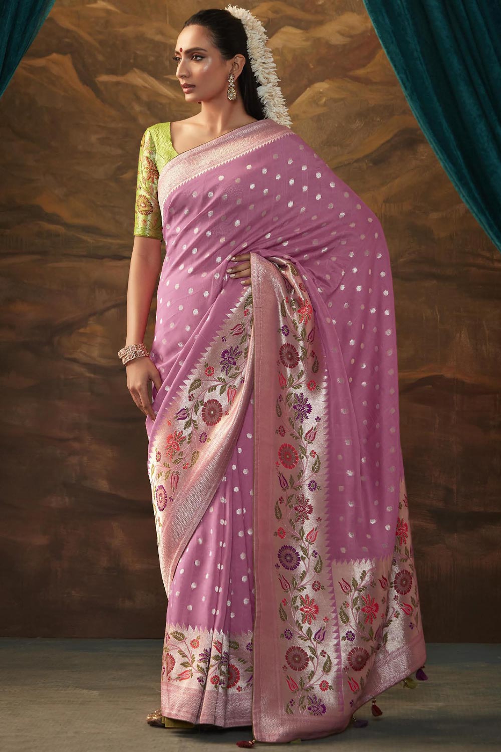 Paithani printed soft silk saree with zari-style border and contrast blouse for women