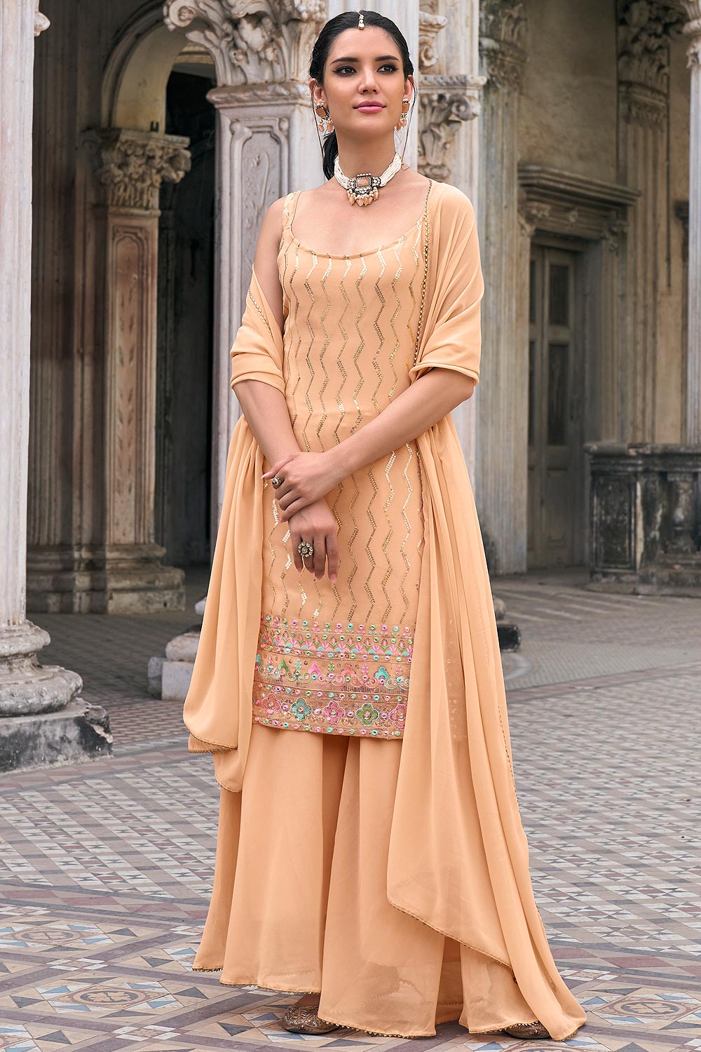Kundan Embellished Zari Embroidered Sharara Kurta Set main image 0